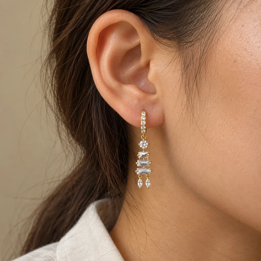 Baguette Cascade Piercing worn on an adult model ear