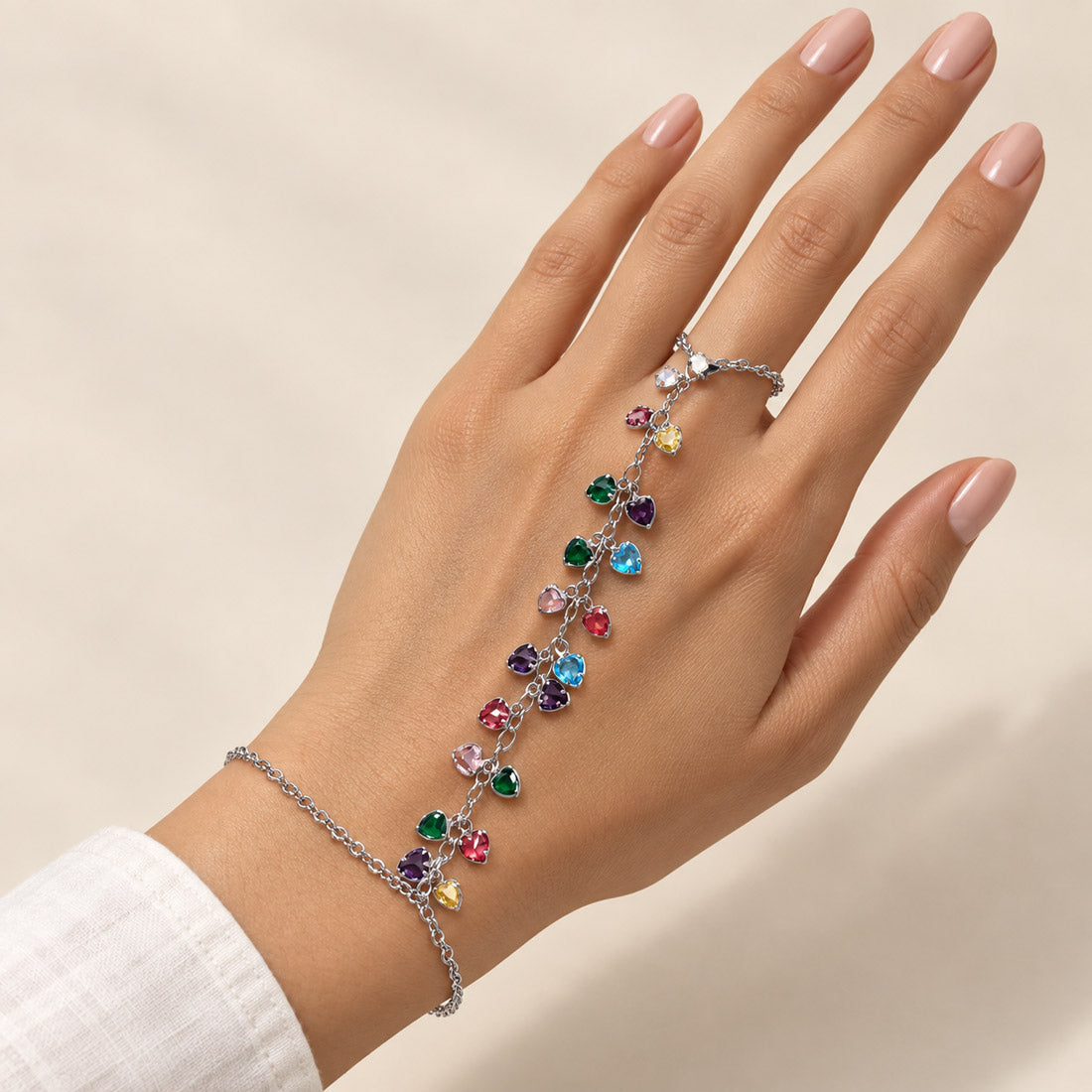 Colorful Hearts Hand Chain - Silver